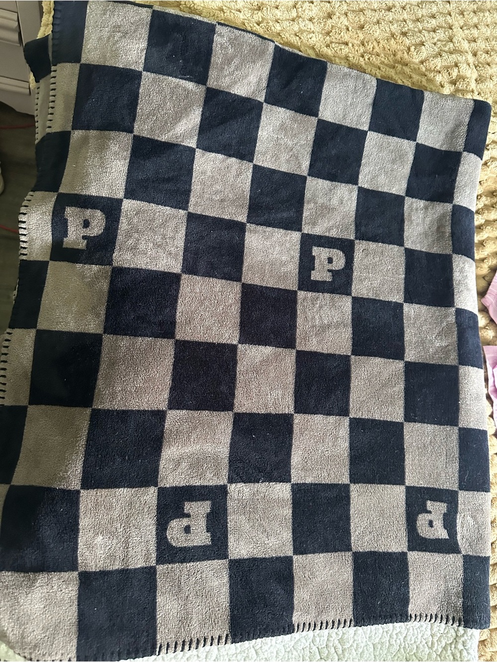 PINK Victoria's Secret Navy and Gray Checkerboard Throw